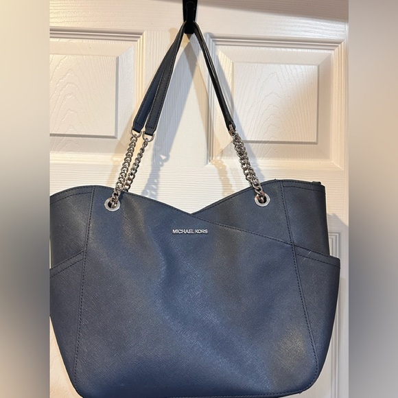 Michael Kors Navy Tote with Silver Chain Accents - Picture 1 of 11